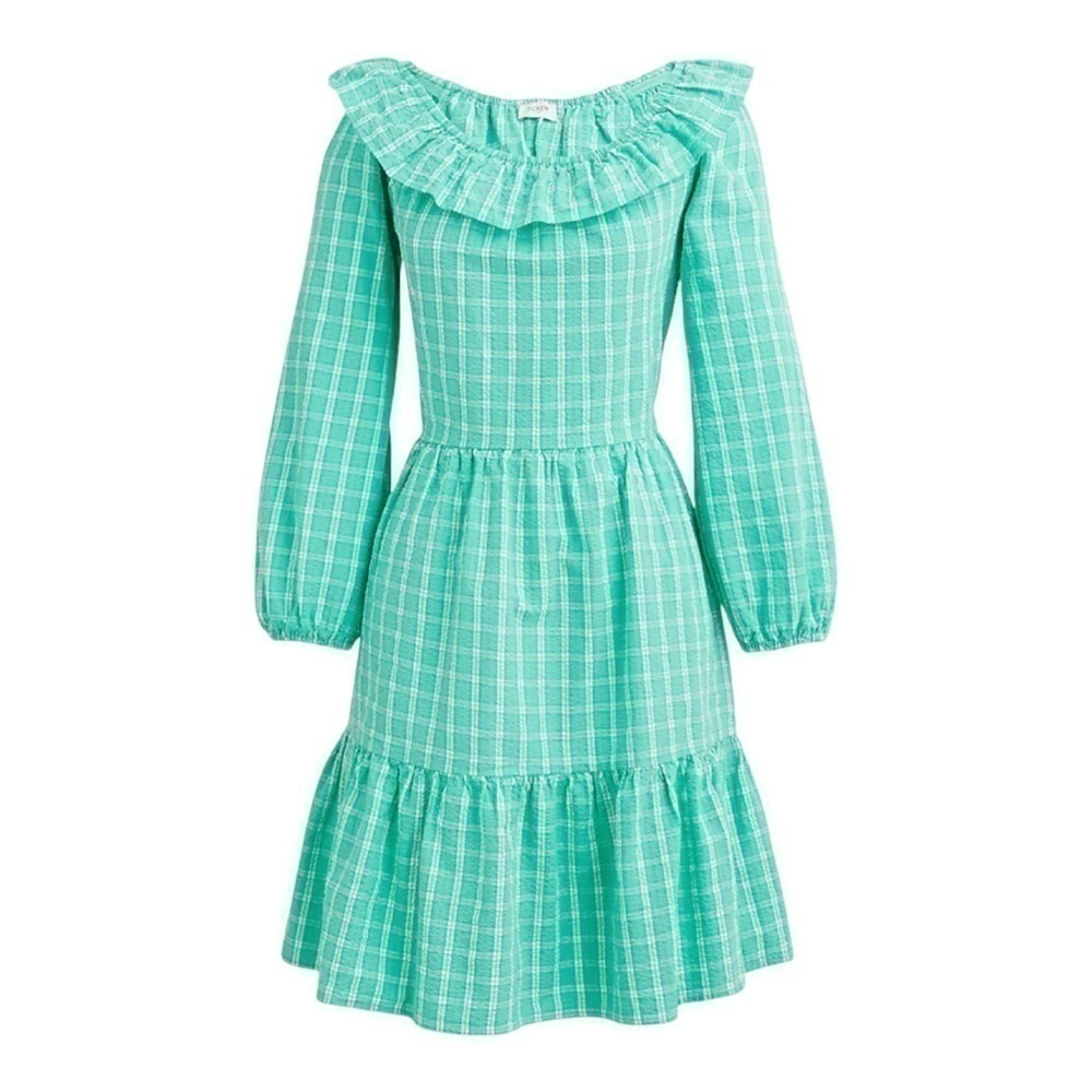 NWT! J. Crew Seersucker Ruffle Neck Mini Dress in Radiant Aqua. Size 10.